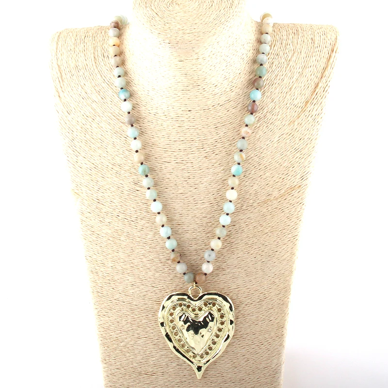 Fashion Bohemian Jewelry Semi Precious Stones Long Knotted Metal Heart Pendant Necklaces