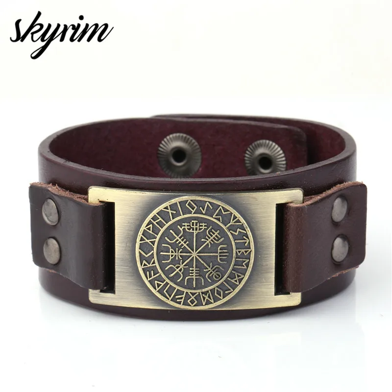 Skyrim-pulsera de piel auténtica Vegvisir Runic Compass, brazalete con runas nórdicas, Odin Talisman, joyería escandinava