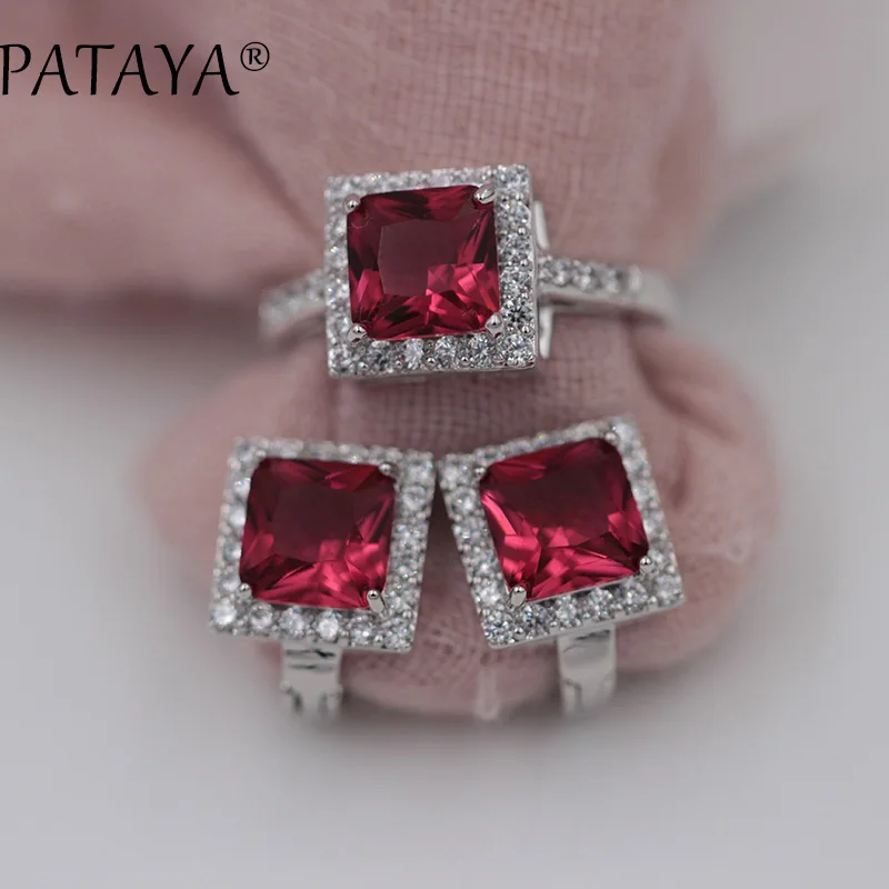 PATAYA New Arrivals 11 Colors Square Natural Zircon Earrings Ring Sets Women Luxury True White Gold Color Wedding Jewelry Set