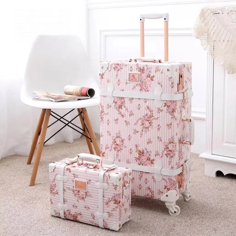 Vintage Floral set rolling luggage with handbag PU cute fashion travel trolley suitcase personality Retro luggage Bag On Wheels