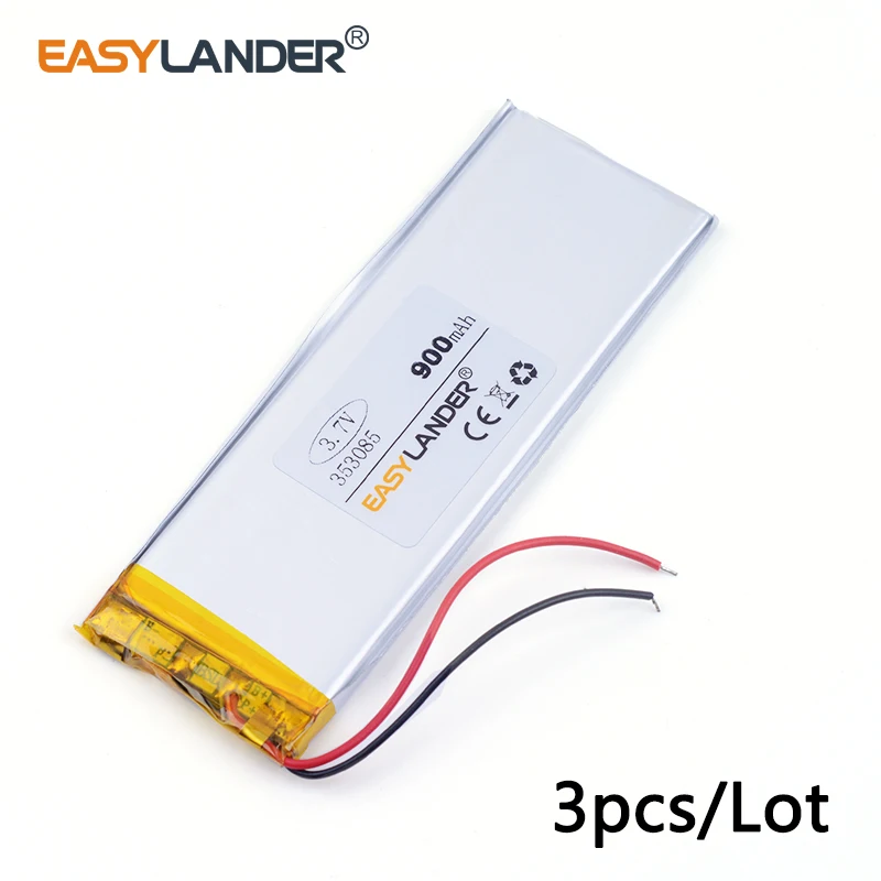 3pcs /Lot 3.7V 353085 900mAh Rechargeable Lithium Li-ion Polymer Battery For Mp3 DVD PAD phone tablet pc power bank