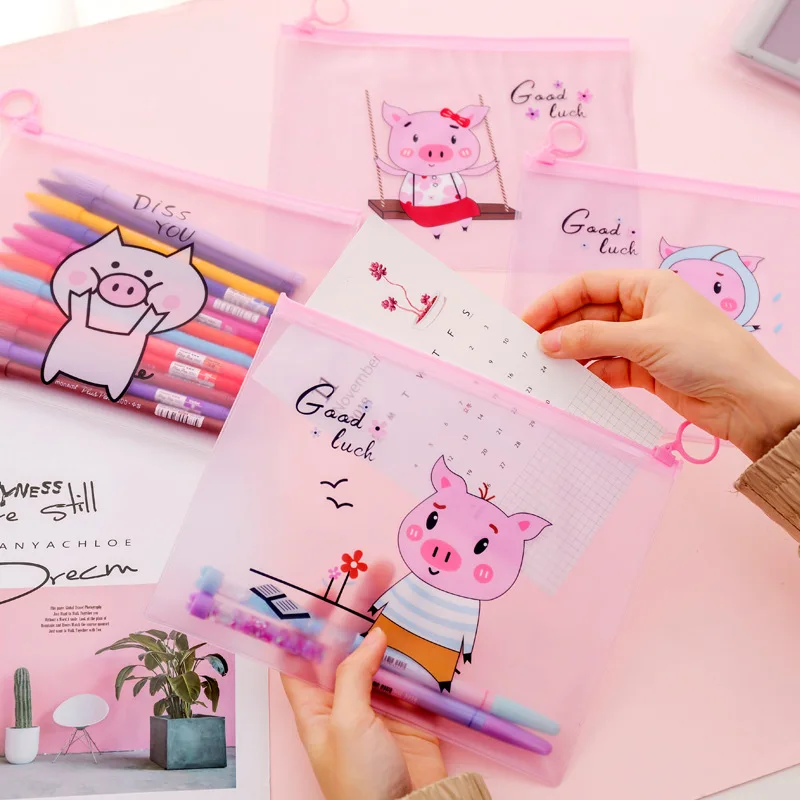 Creative Cute Piggy Pink Simple Ring Zipper Pencil Bag Kawaii Student Office Stationery Storage Bag Children Gifts 1 Pcs