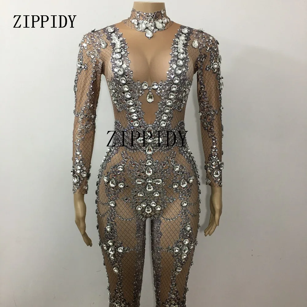 Sparkly Crystals Jumpsuit Big Rhinestones Stretch Bodysuit Performance Women's Birthday Celebrate luxurious Sexy Costume Wear