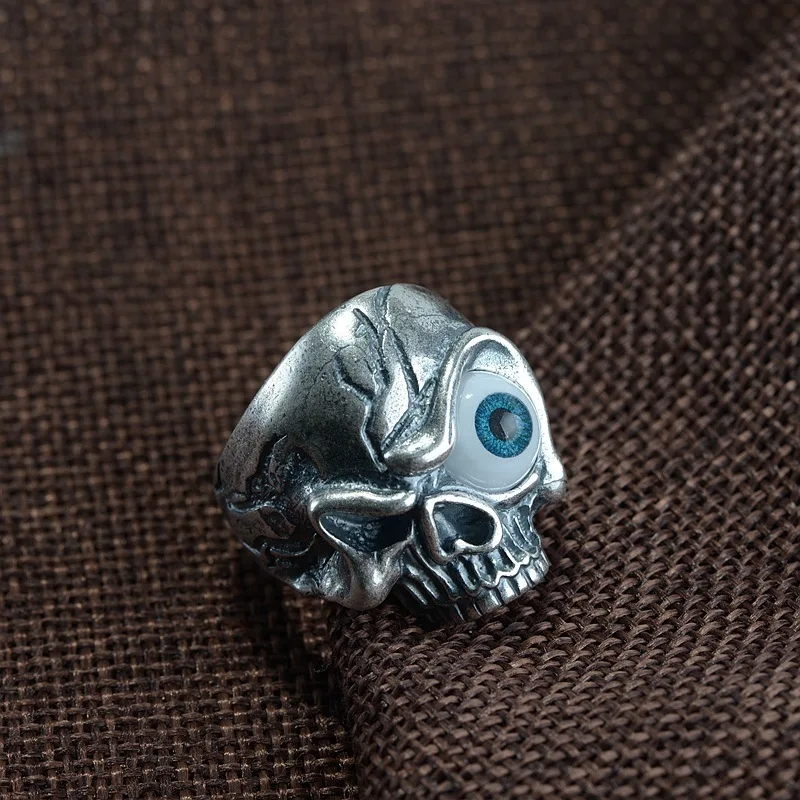 100%S990 Thai silver craft restoring ancient ways ring wholesale fashion resin skull eye male act the role ofing is tasted