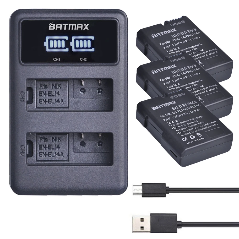 

3Pcs EN-EL14 EN EL14 ENEL14 EN-EL14A Batteries + LED USB Dual Charger for Nikon COOLPIX P7800 D3100 D3200 D3300 D5100 D5200