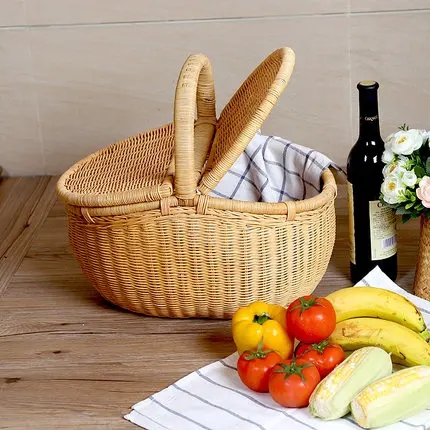 Rattan Shopping Basket Fruit Basket With Lid Picnic Basket Outdoor Storage Basket