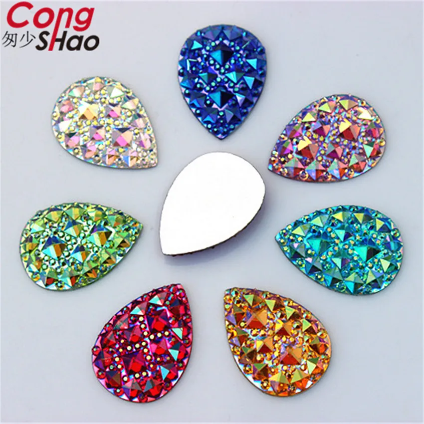 Cong Shao 80pcs 18*25mm AB Color Pear Shape Flatback Resin Rhinestone Stones Crystal For Clothes Craft Button Decoration CS652