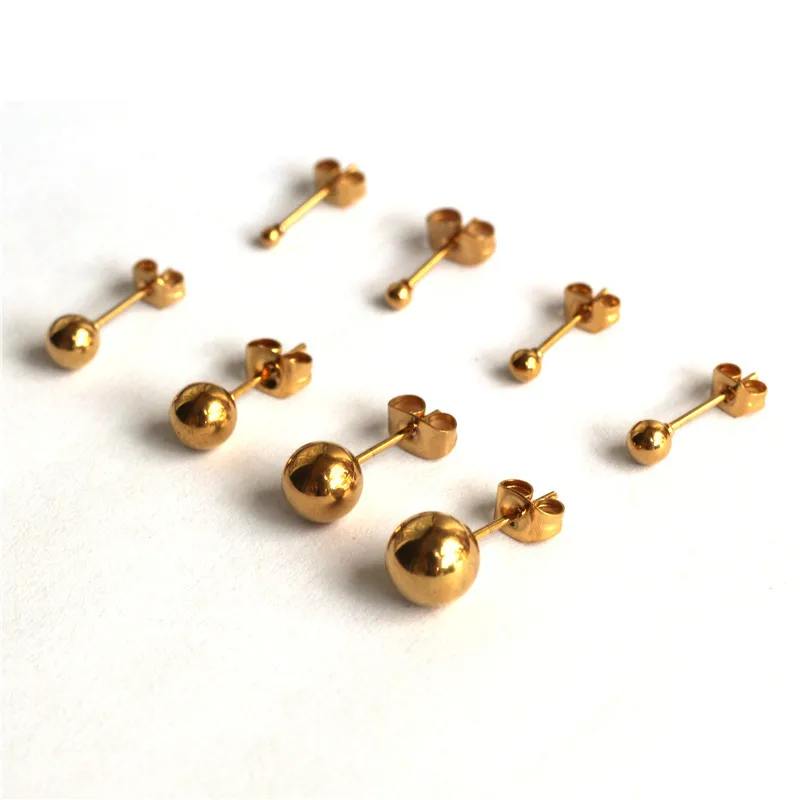 Titanium Gold-color Plating Stainless Steel Small Ball Push-back Stud Earrings For Men Women 2mm to 8mm