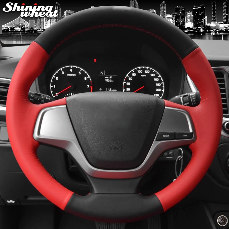 

Shining wheat Black Red Leather Car Steering Wheel Cover for Hyundai Elantra 4 2016 2017