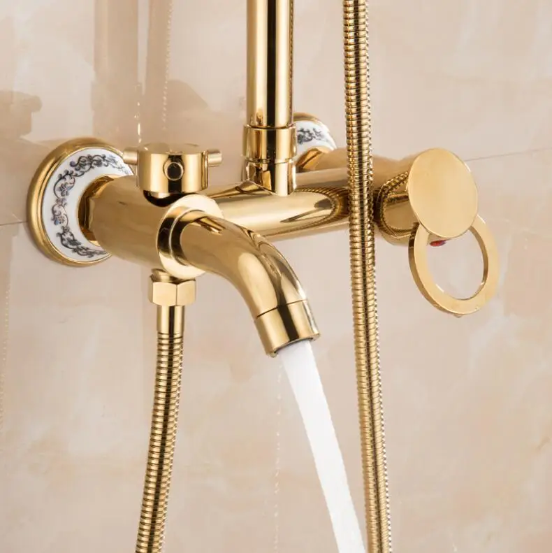 Torneira de banheiro e chuveiro luxuosa estilo europeu, acabamento em latão dourado, conjunto de chuveiro de parede com cabeça de chuveiro