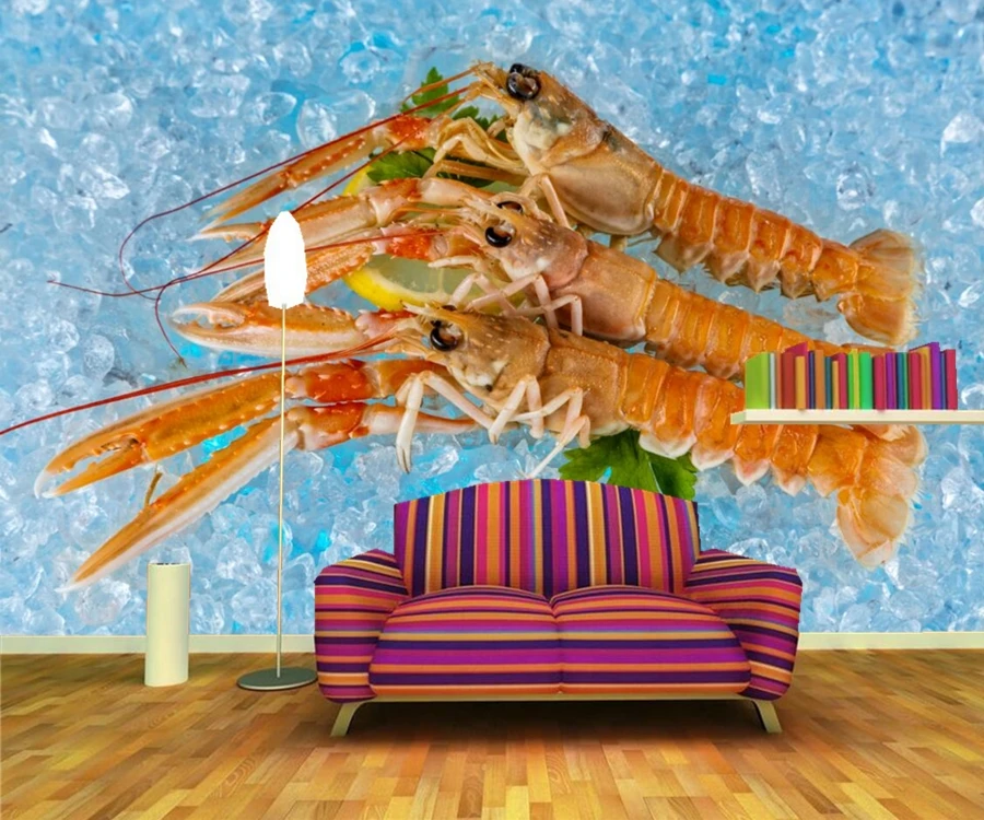 Papel de parede Seafoods Shrimp Ice Food wallpapers,restaurant fast food shop bar dining room TV wall kitchen 3d murals