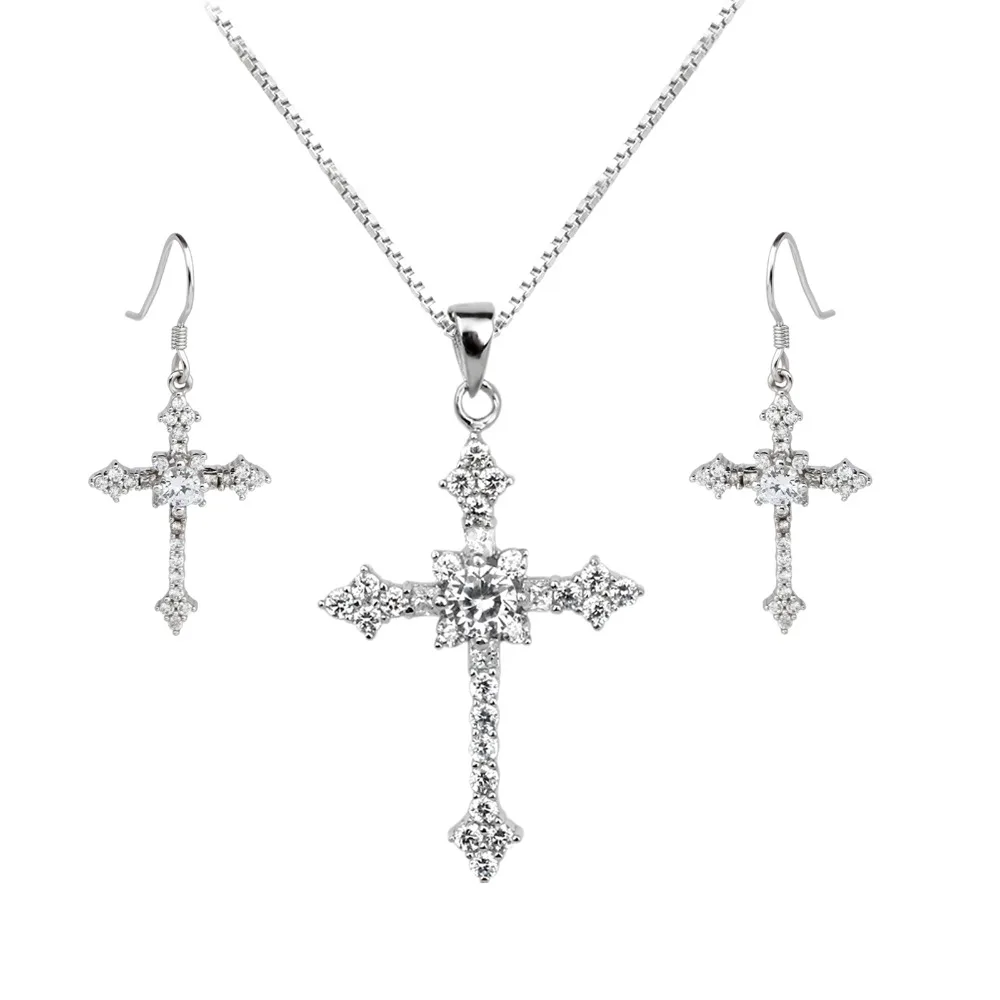 925 Silver Cross Jewelry Set Drop Earrings Pendant Necklace Set Luxury Hook Clear 18-inch Box Link Chain SET009