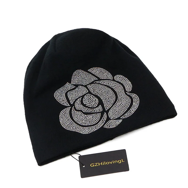 GZHilovingL New Soft Autumn Winter Women Hats Ladies Diamond Cotton Slouchy Cap Beanie Hats For Women Floral Rose Long Beanies