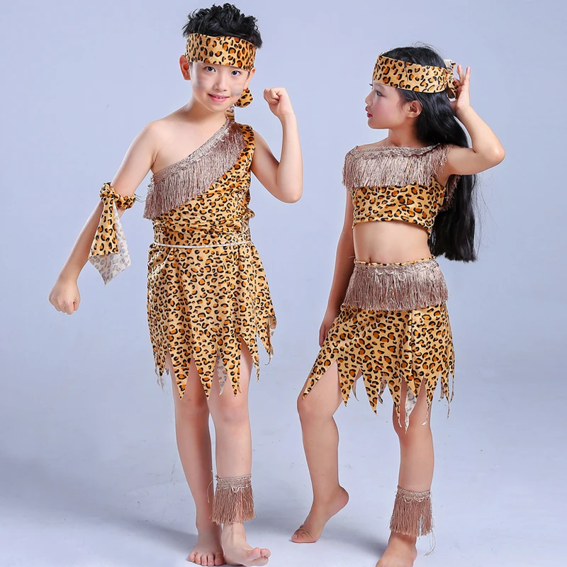 Halloween costume Adult Kids savage caveman costumes leopard flintstone African tribal Hunter Indian clothes