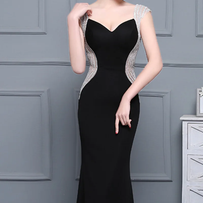 It\'s Yiiya Sex Black Backless Satin V-neck Zipper Elegant Evening Dresses Mermaid Party Gown Evening Gowns Formal Dresses LX180