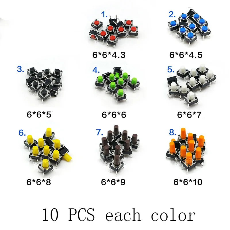 80pcs/lot 6*6*4.3/4.5/5/6/7/8/9/10 MM 4PIN SMT Tactile Tact Push Button Switch 8 Kinds Micro Switch Self-reset Induction cooker