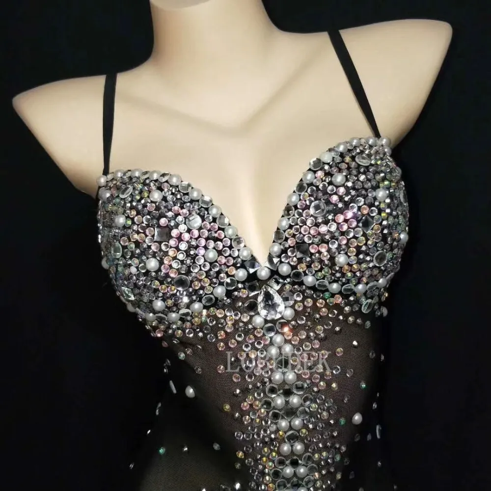 女性のセクシーなボディスーツドレスバーナイトクラブ透明光沢のあるラインストーン歌手ステージパフォーマンス仮装パーティー誕生日ビーズガウン