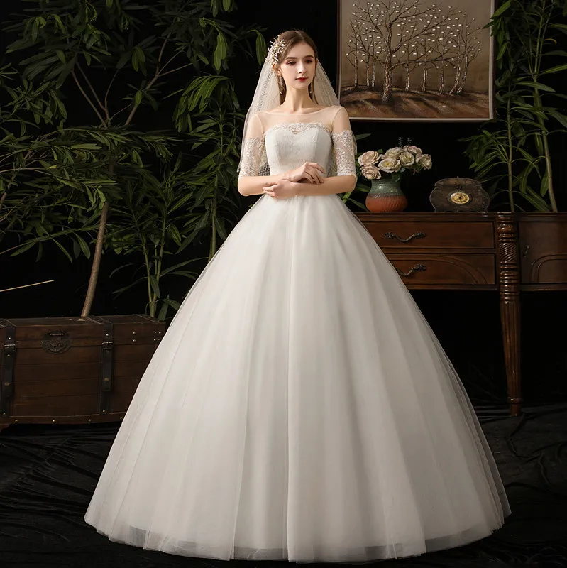 2024 New Off White O Neck Half Sleeve Simple Wedding Dress Lace Flower Illusion Floor Length Slim Bridal Gown Vestido Customized