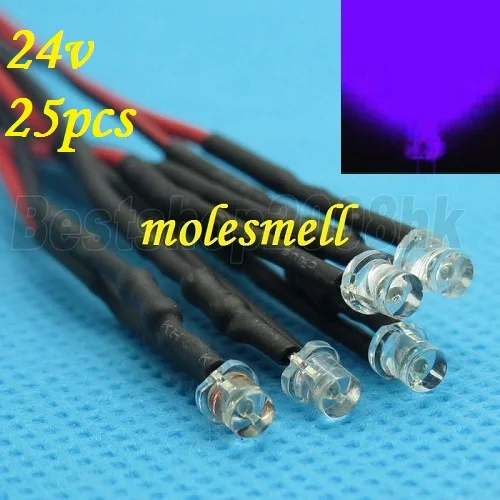 

25pcs 3mm 24v Flat Top Purple/UV LED Lamp Light Set Pre-Wired 3mm 24V DC Wired 3mm big/wide angle Purple 24v led