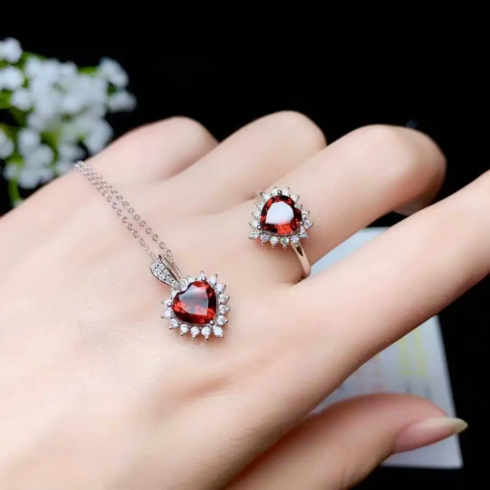 love heart red garnet gemstone ring and necklace jewelry set girl silver jewelry exquisite ornament wine red color birthday gift