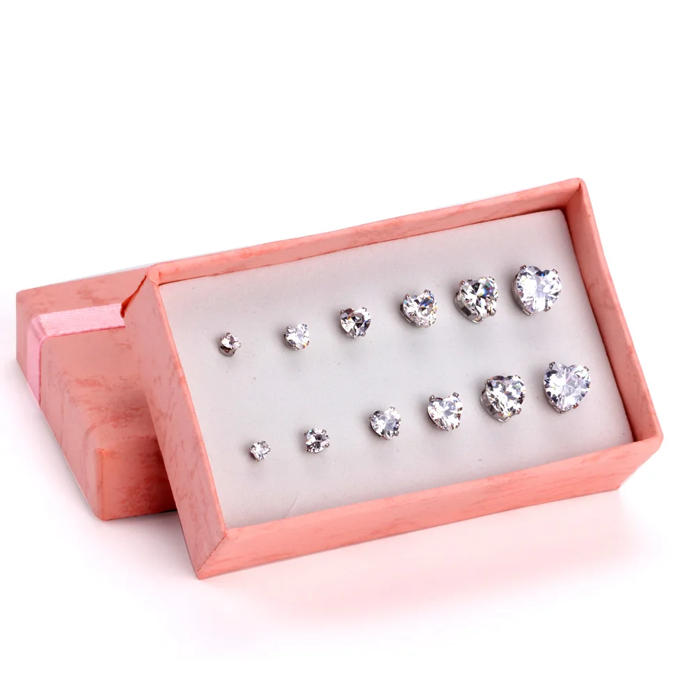 LUXUKISSKIDS-Juego de 6 pares de pendientes de tuerca de cuarzo con forma de corazón elegante para mujer y niña, conjunto de pendientes de tamaño