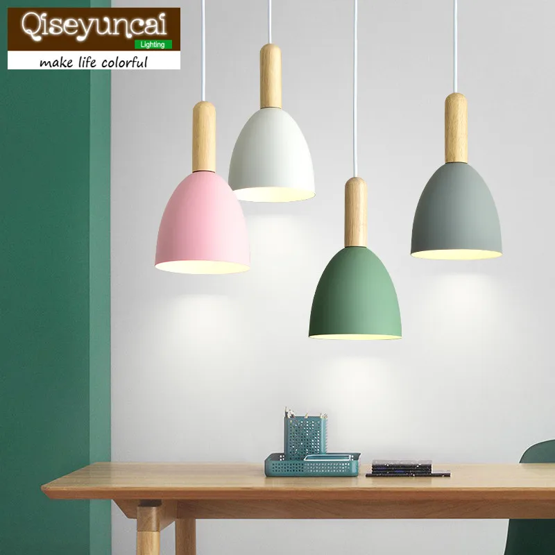 

Qiseyuncai 2018 Nordic single-head restaurant chandelier modern minimalist color macarons original wood art bar study room lamps