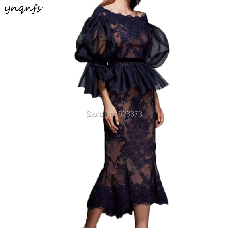 

YNQNFS MD203 Vintage Boat Neck Flare 3/4 Sleeves Lace Appliques Mother of the Bride Dresses Groom Outfits Navy/Nude Guest Dress