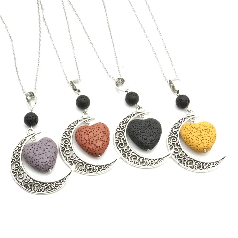 Heart Lava Stone Aroma Essential Oil Diffuser Necklace Aromatherapy Jewelry Minimalist Lava Rock Stone Moon Necklace 12 colors