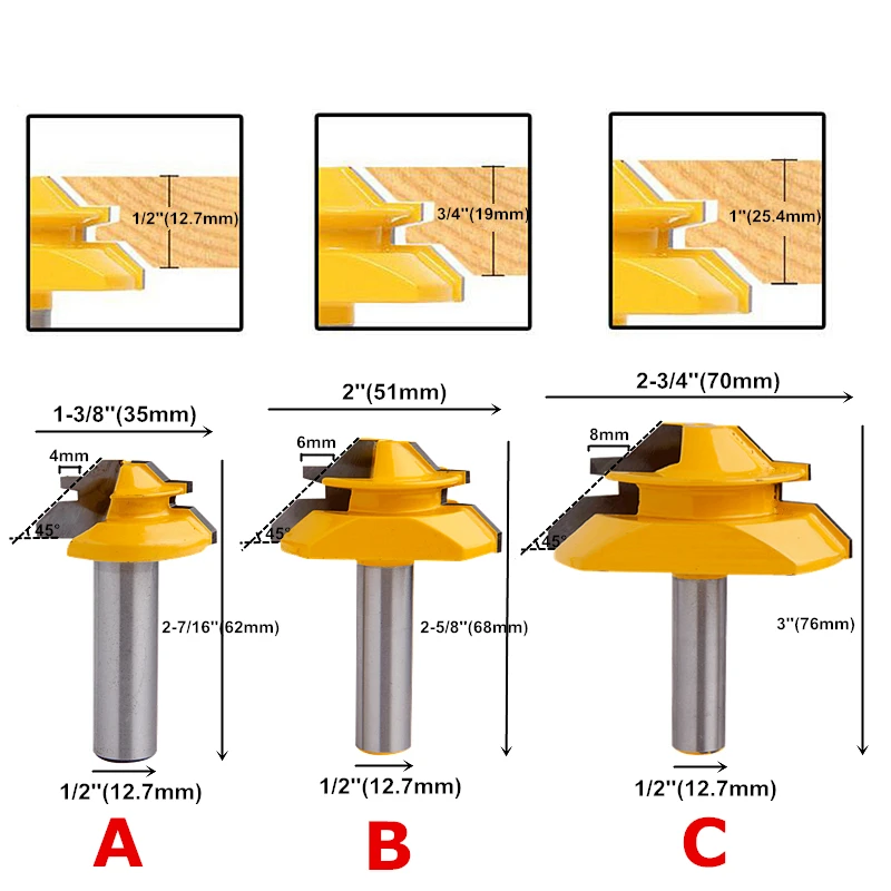 45 Degree Lock Miter Router Bit 6.35mm/8mm/12.7mm Shank Wood Tenon Milling Cutters For MDF Plywood Carpenter Woodworking Tools