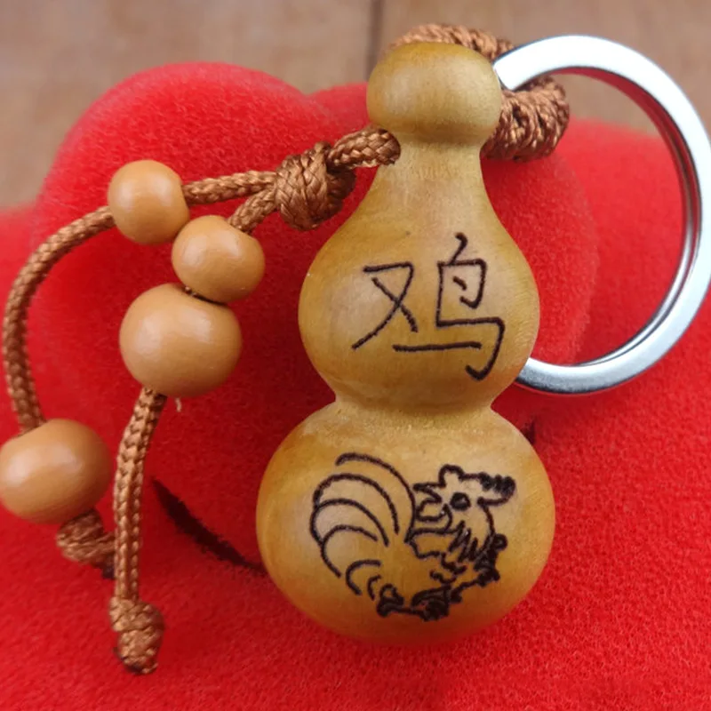 12 Chinese Zodiac Gourd Keychain Wood Sculpture Ainmal Chick Rabbit Cow Tiger Key Chain On Bag Car Trinket Wedding Party Gift