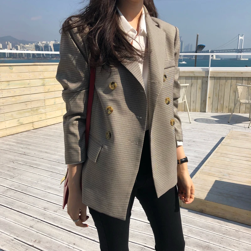 

BGTEEVER Classic Plaid Double Breasted Women Jacket Blazer Notched Collar Female Suits Coat Fashion Houndstooth blazers