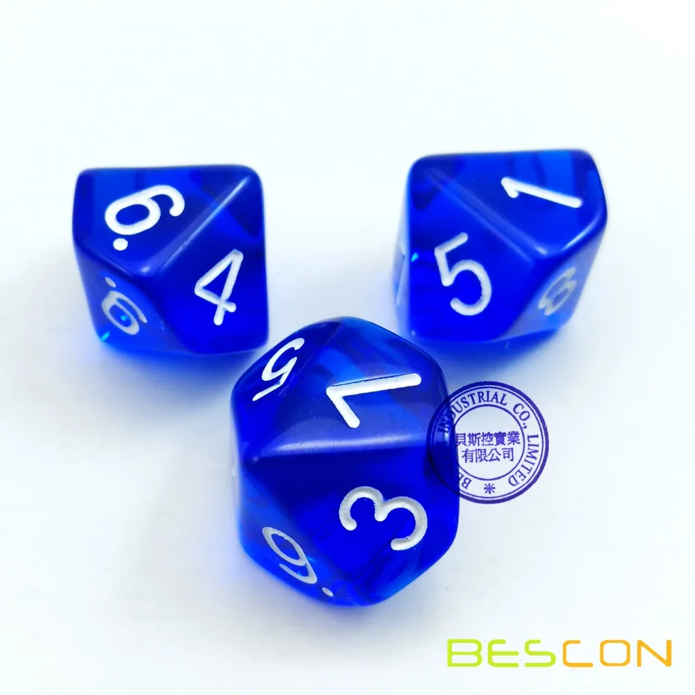 Bescon Polyhedral 10 Sides Dice with Number 1-10, Blue Transparent 10 Sided Dice, 10 Sides Cube 1-10, 10pcs Set