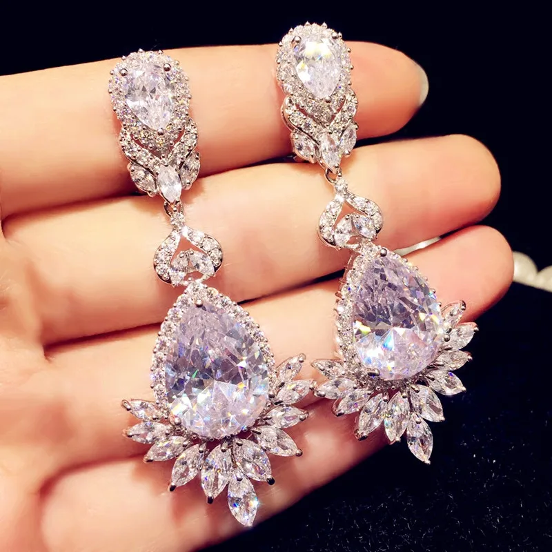 925 Drop Earrings For Women Luxury Water Drop Cubic Zirconia Long Earrings Bridal Wedding Engagement Gift Fine Jewelry