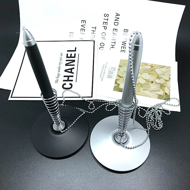 Metal Spring base Table / Desk ballpoint pen with Bead chain Desk Finance Banking Pen metal Pen Holder Gift Set