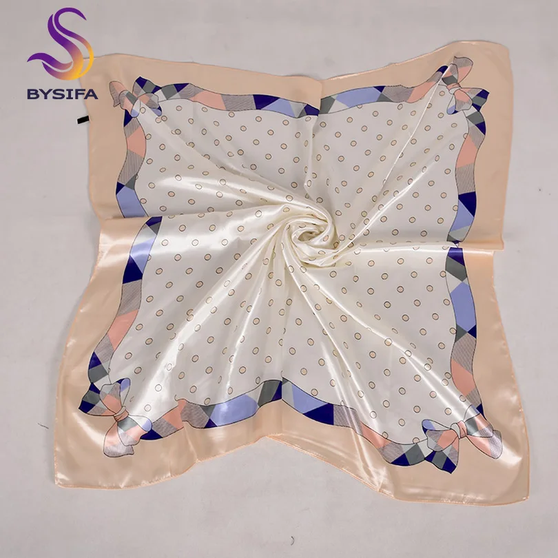 [BYSIFA] Women Scarf New Black Beige Silk Square Scarf Shawl Ladies Dot Prin Winter Scarves Bandana Spring Fall Head Scarfs Blue