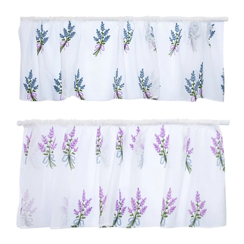 Household Lavender Embroidery Short Curtain Pastoral Shade Kitchen Curtains Half Curtain Short Panel Drapes Valance 50*100cm