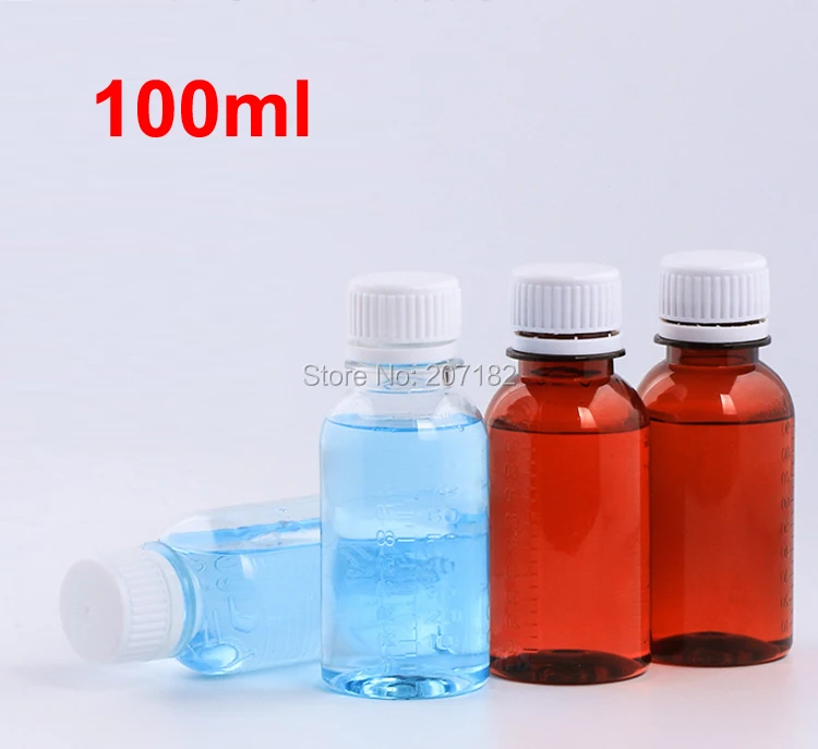 100PCS 100ml PET Liquid Bottle With Scale, Plastic Medicine Bottle, Pill Bottles--- Brown/Transparent 2 Colors Safety Screw Cap