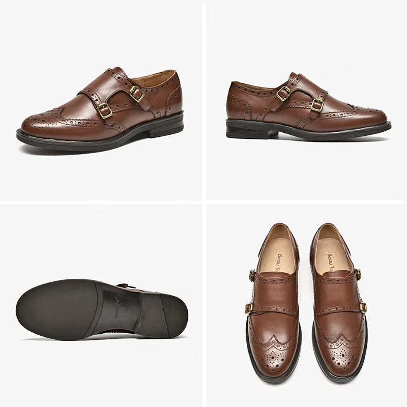 BeauToday Monk Shoes Women Calfskin Genuine Leather Buckle Strap Brogue Style Round Toe Casual Ladies Flats Handmade A21408