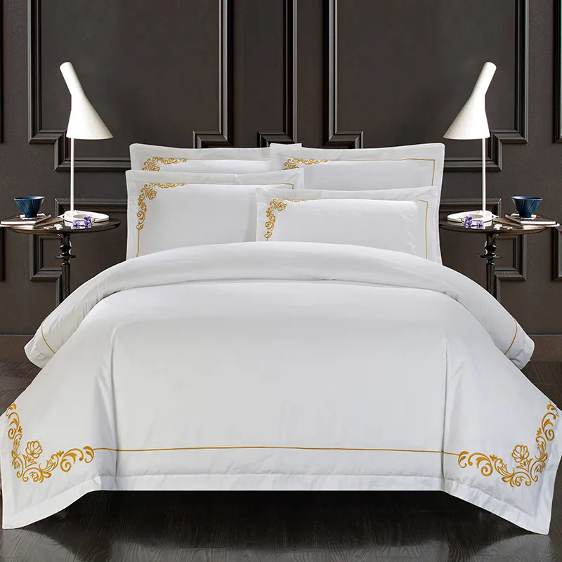 100% Cotton White Embroidered Bedding sets 4/6Pieces White Hotel Bedsheet set Duvet cover Pillow shams Double King Queen size
