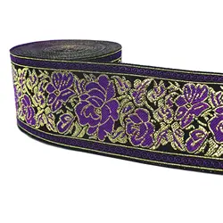 ZERZEEMOOY 2 inch 50MM 9YARD Woven Jacquard Ribbon Gold Wire And Purple Rose Handmade Accessories