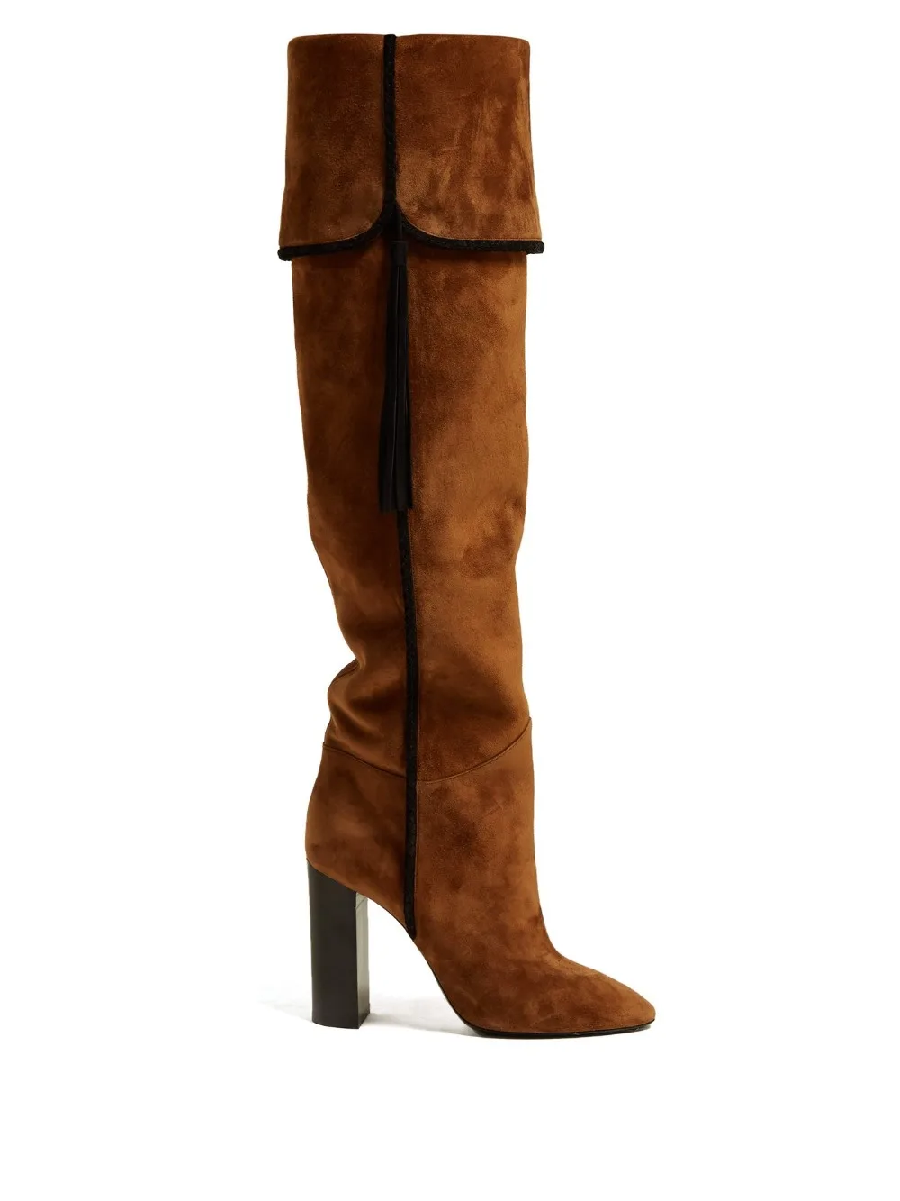 Botines mujer brown black chunky high heels knee high over the knee ladies boots tassel leather shoes famale woman long botas