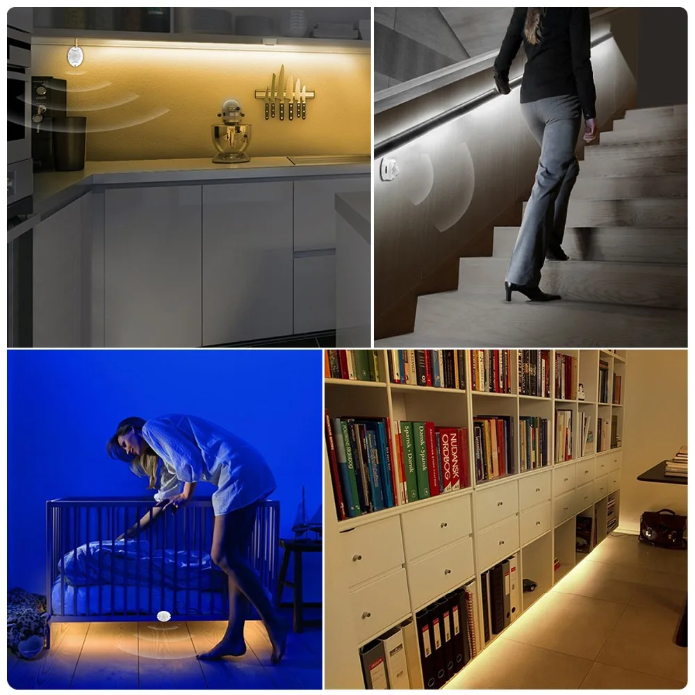 Wireless PIR Motion Sensor LED Strip light 12V Auto on/off Stair Wardrobe Closet kitchen LED Light lamp 110V 220V 1M 2M 3M 4M 5M