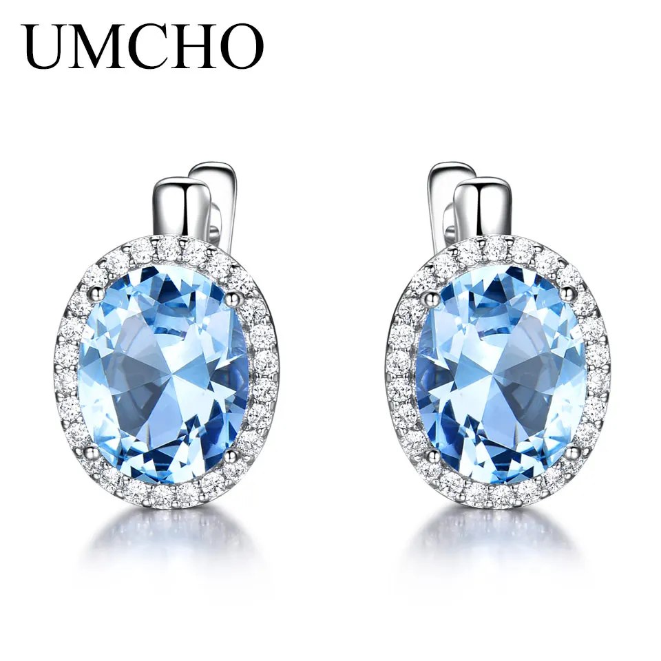 UMCHO Classic Oval Created Sky Blue Topaz Clip Earrings Solid 925 Sterling Silver Kolczyki dla kobiet Prezent ślubny Drobna biżuteria