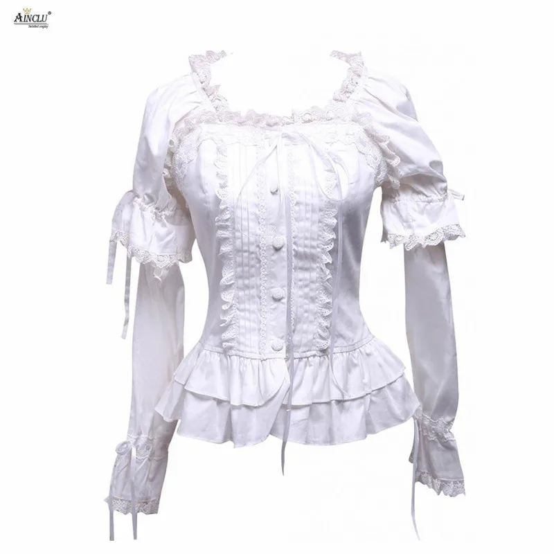 

Ainclu Womens White Lace Lacy Square Neck Long Sleeves Ladylike Cotton Lolita Blouse XS-XXL Hot Selling For Birthday/Party