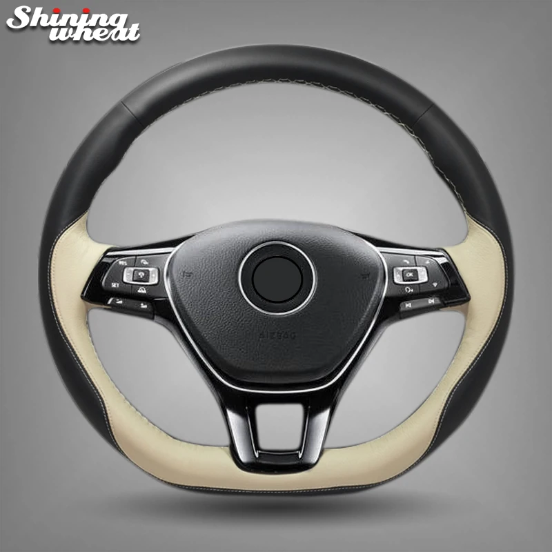 

Shining wheat Black Beige Leather Steering Wheel Cover for Volkswagen VW Passat B8 Golf 7 Mk7 New Polo Jetta