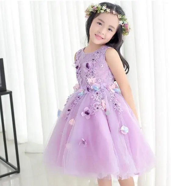 2017 New Arrival Violet Tulle Exquisite Flower Princess Girl Dress Baptism Party Wedding Birthday Gown Kids tutu Dress