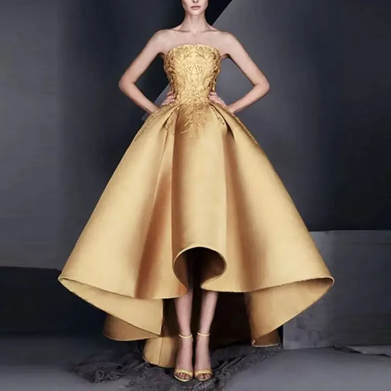 

New Arrival Evening Dresse Formal Vestido De Noiva Satin Prom Party Robe De Soiree Golden Strapless High-low Formal Gown Lace-up