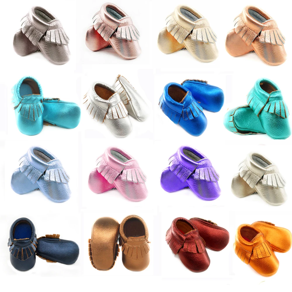 Shine Pink Genuine Leather Baby moccasins Soft Rose gold Baby girl shoes First Walkers infant Fringe Shoes 0-30 month 16 color