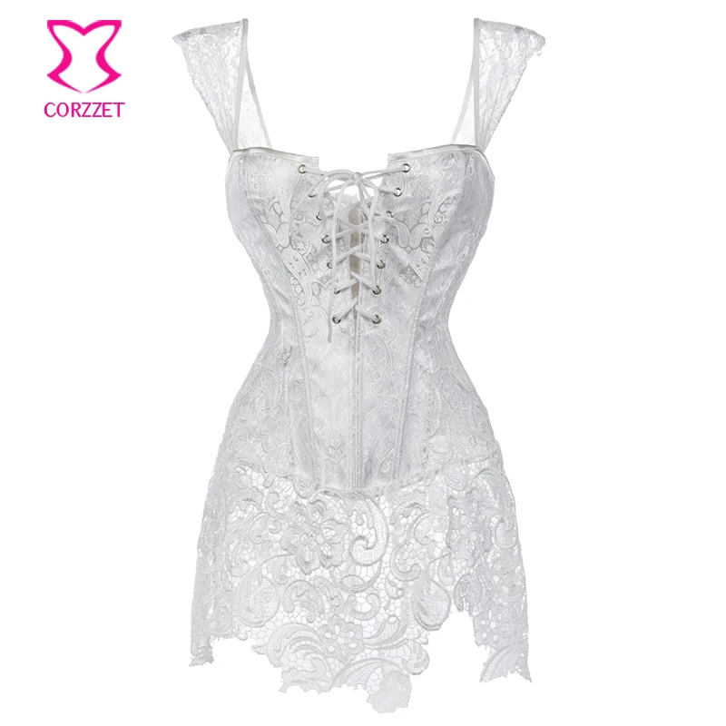 Corzzet White Steampunk Overbust Corset And Bustiers Waist Slimming PVC&Leather Lace Plus Size Sexy Costume Gothic Corset