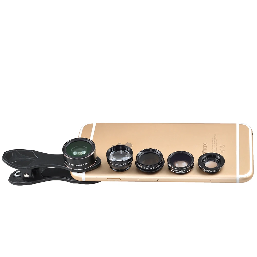 Apexel 5 in 1 HD Kamera Objektiv Kit Fisheye Objektiv + 0,63 x Weitwinkel + 15x Makro Objektiv + 2X Teleobjektiv + CPL Objektiv für iPhone Samsung DG5